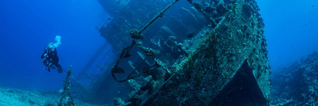 Diver glides past a shipwreck