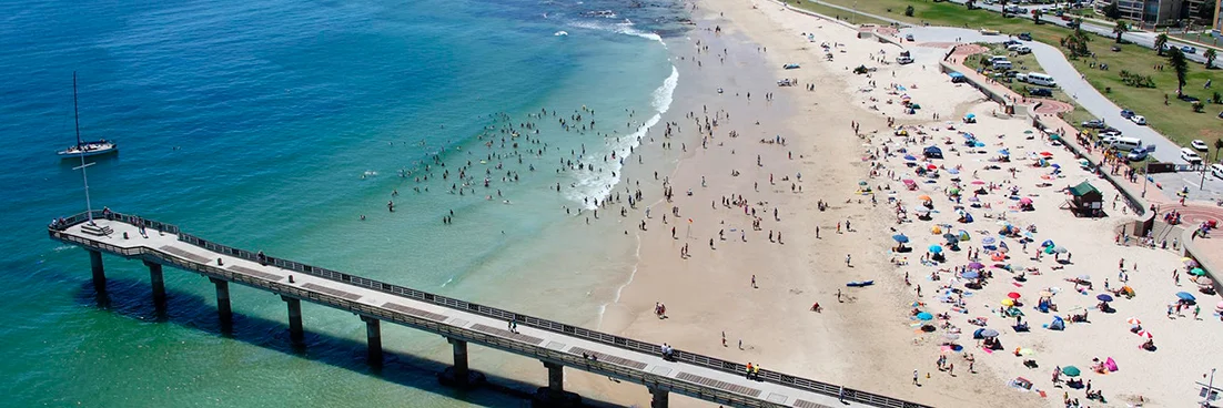 View of Port Elizabeth from over the waves of the Indian Ocean.
