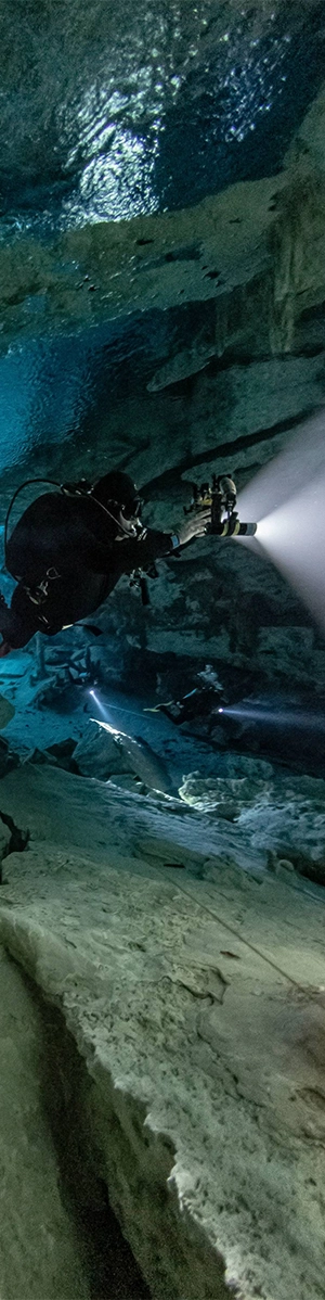 Diver shines a light along cenote wall