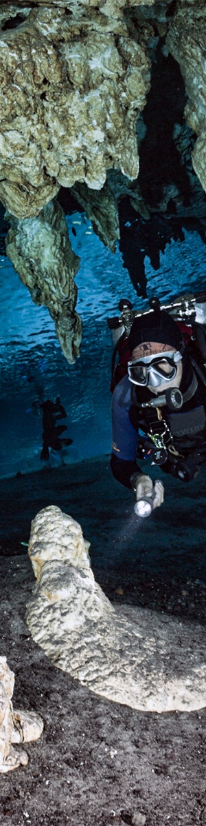 A diver begins their descent into Dos Ojos