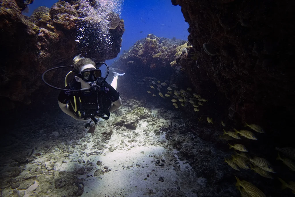 Diver swims through a passage at Grampin Reef in Cancun